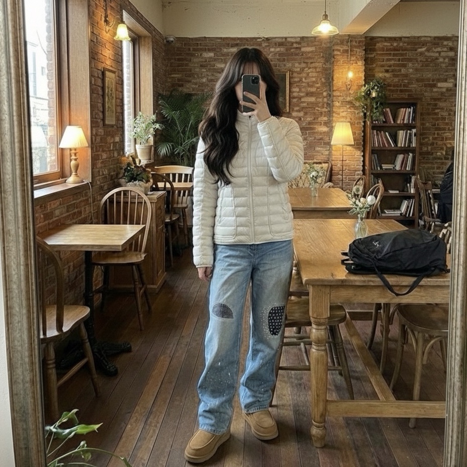 Diesel W-Hawkyl Puffer Jacket Dawn Blue, Zara x Ader Error Patchwork Jeans Blue 착용 스타일