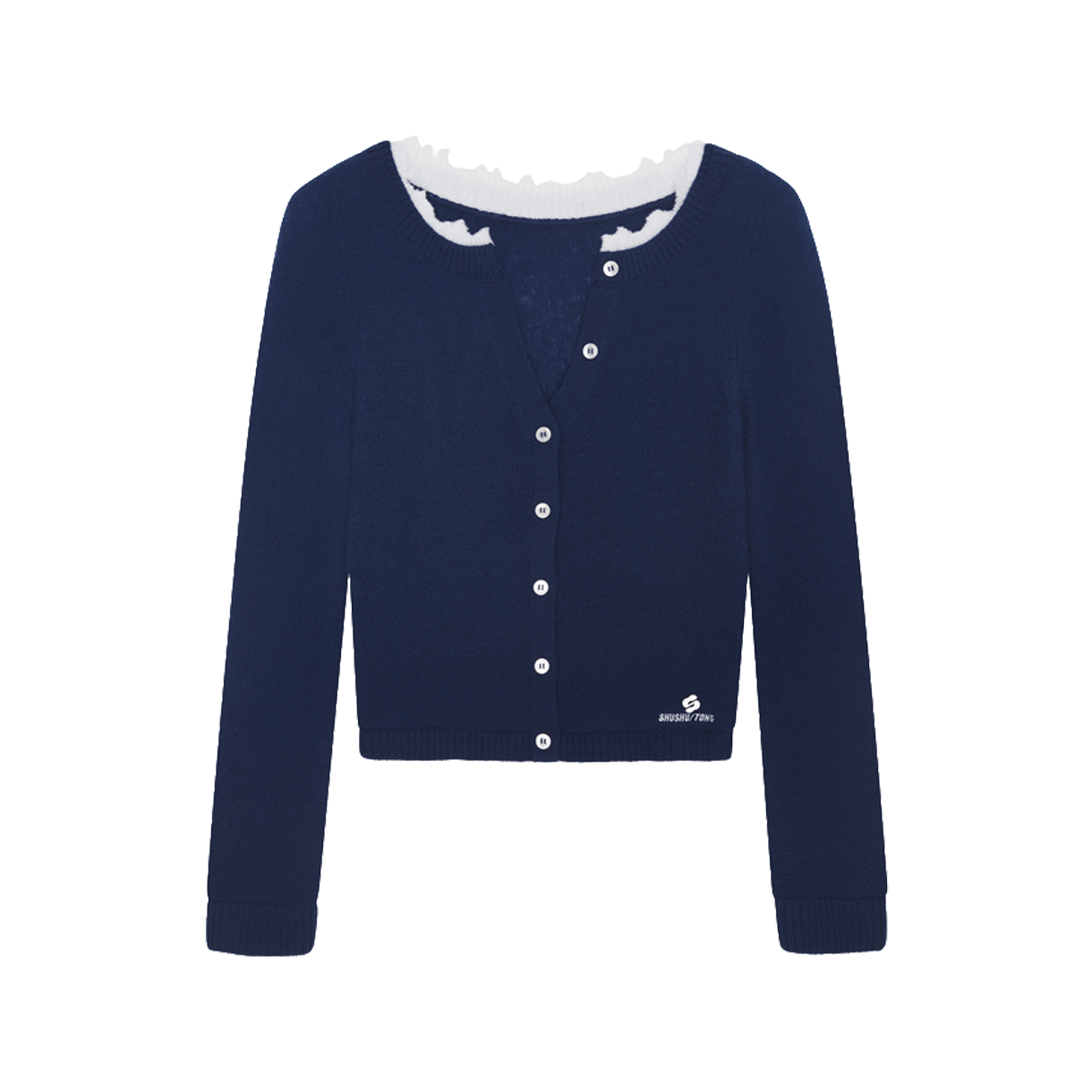 슈슈통 우먼 콘트라스트 트림 로우 엣지 니트 탑 네이비 블루 - 26SS(Shushu/Tong Women Contrast Trim Raw Edge Knit Top Navy Blue - 26SS)