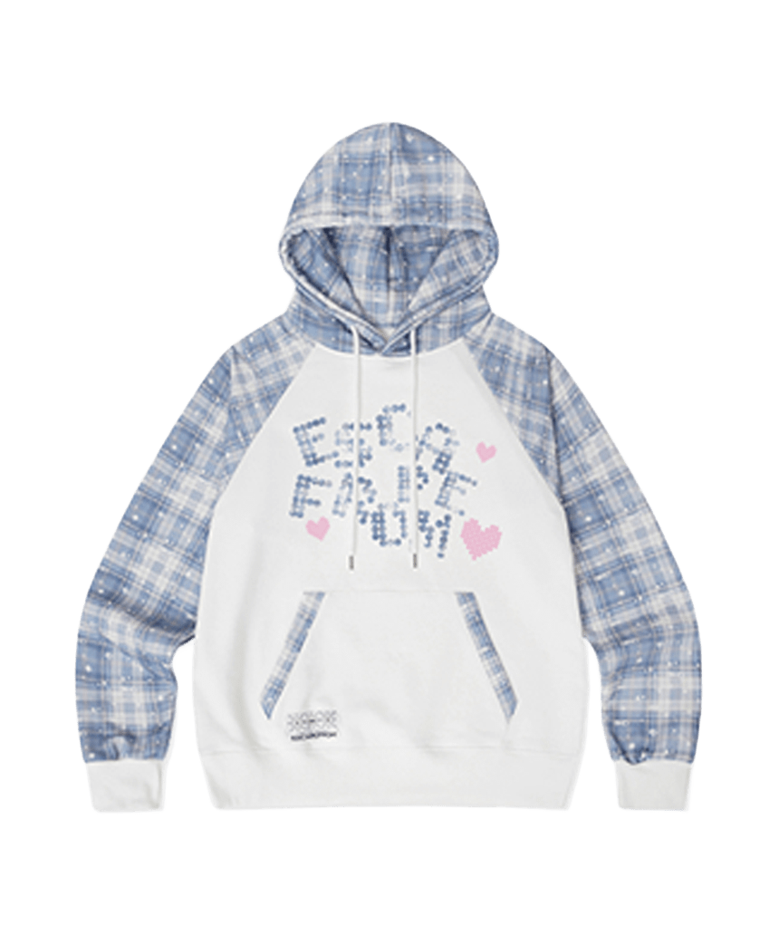 이스케이프프롬 하트 로고 닷 앤드 로고플레이 체크 래글런 후드티 블루(Escapefrom Heart Logo Dot & Logoplay Check Raglan Hoodie)