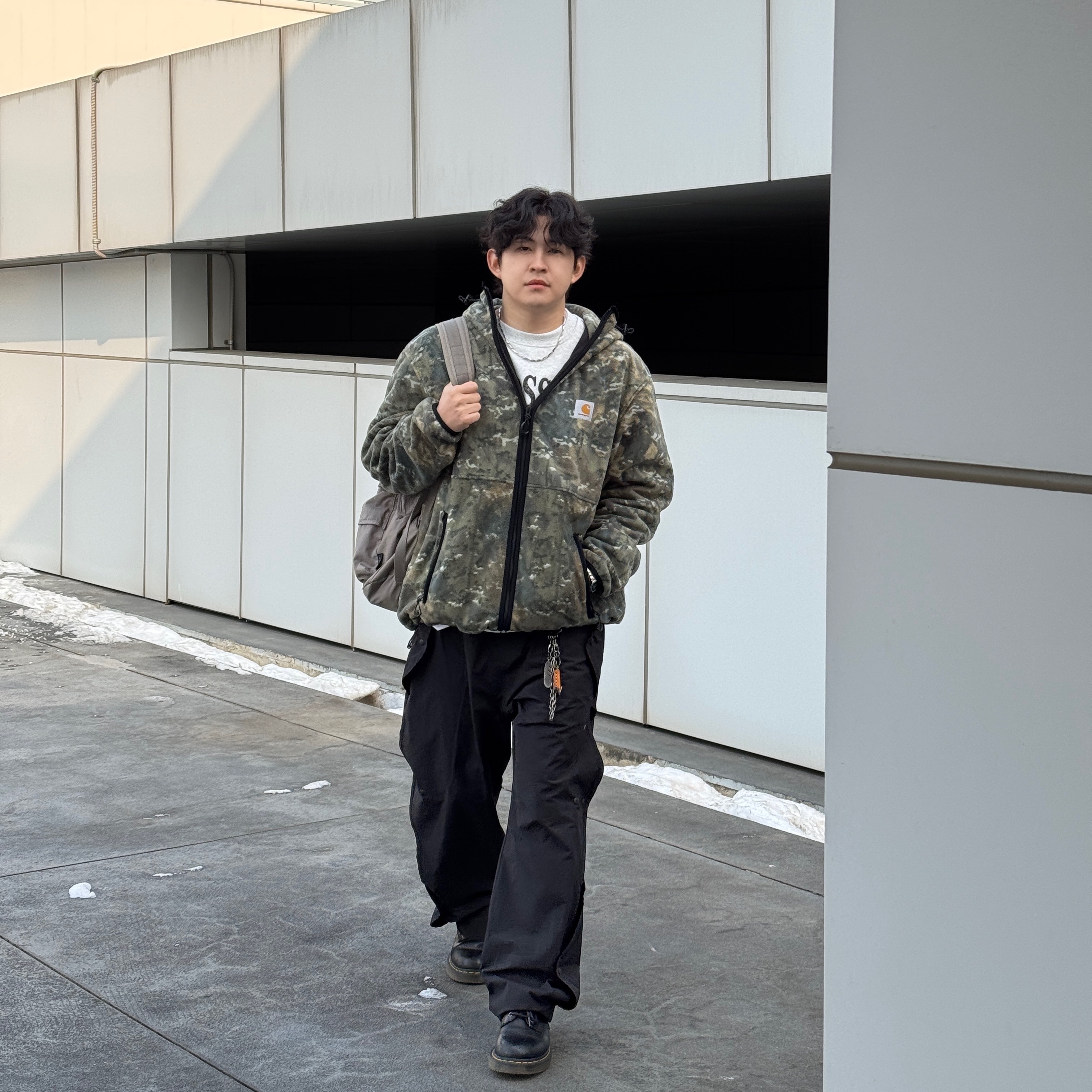 Carhartt WIP Blevin Liner Camo Combi Green, Sansan Gear Wave Pants Black - 25SS 착용 스타일 - 2