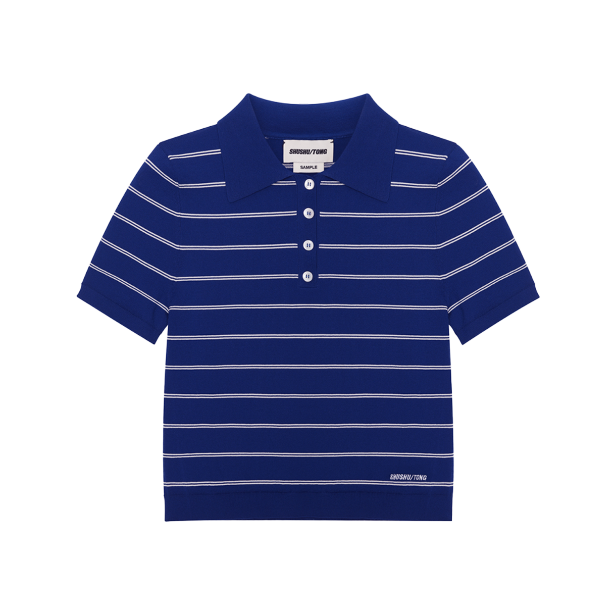 슈슈통 우먼 스트라이프 니트 폴로 셔츠 네이비 블루 - 26SS(Shushu/Tong Women Striped Knit Polo Shirt Navy Blue - 26SS)