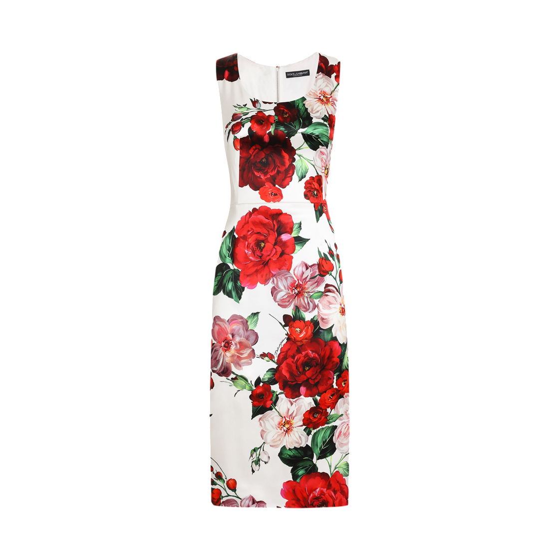 F6ZJ6TFSIB4HA5PD (W) Dolce & Gabbana Sleeveless Satin Calf-Length Dress with Rose Print