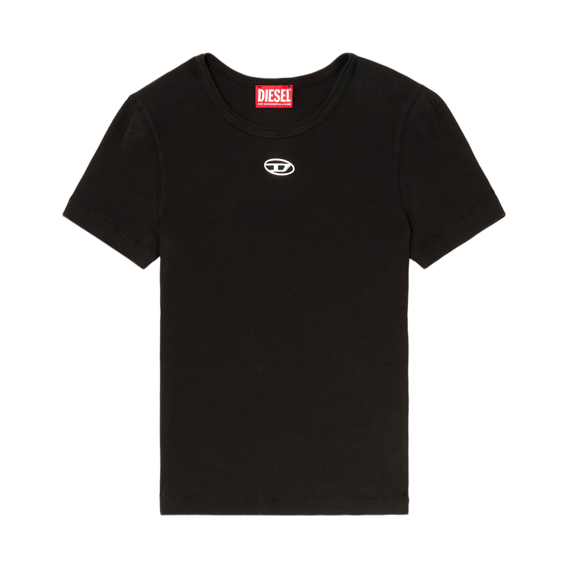 (W) 디젤 T-엘레-롱-Od 슬림 리브드 티셔츠 메탈릭 오발 D 블랙((W) Diesel T-Ele-Long-Od Slim Ribbed T-Shirt with Metallic Oval D Black) - 1