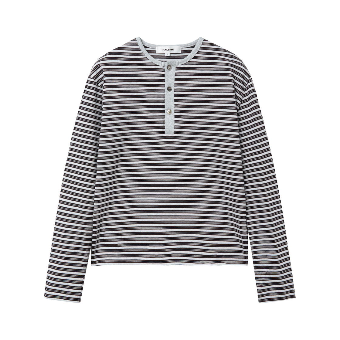 알렌느 스트라이프 크롭 핸리넥 그레이(Haleine Stripe Cropped Henley Grey (XT105))