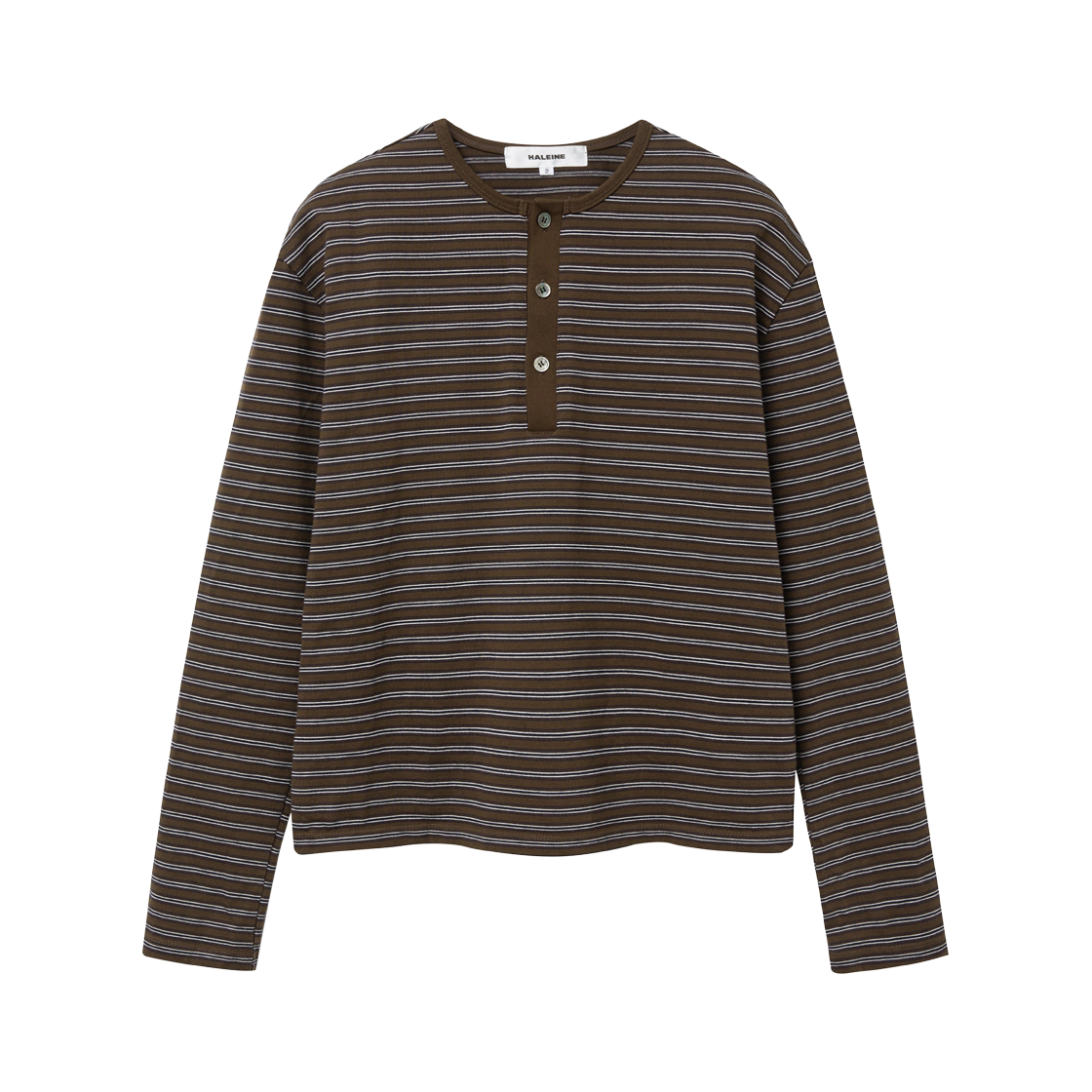 알렌느 스트라이프 크롭 핸리넥 브라운(Haleine Stripe Cropped Henley Brown (XT106))