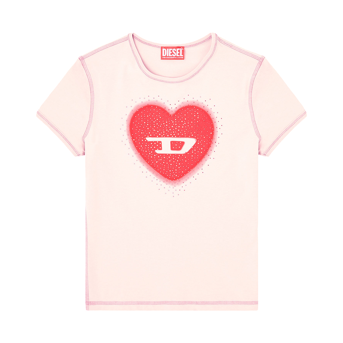 (W) 디젤 T-언큐티스-롱-S5 슬림 티셔츠  하트 프린트 앤 스터즈 핑크((W) Diesel T-Uncuties-Long-S5 Slim T-Shirt with Heart Print and Studs Pink)
