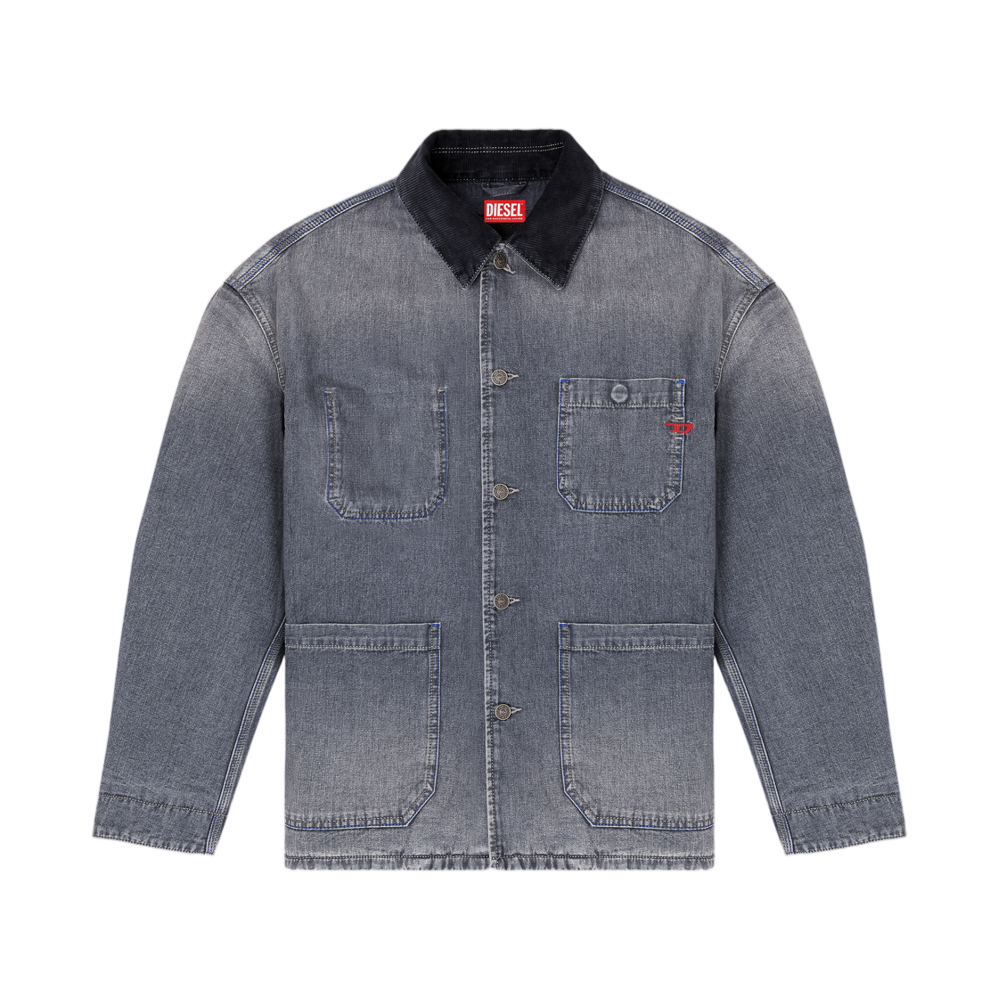 (W) 디젤 D-스택-U-L 유틸리티-스타일 데님 자켓 컨트라스팅 칼라 그레이((W) Diesel D-Stack-U-L Utility-Style Denim Jacket with Contrasting Collar Grey)