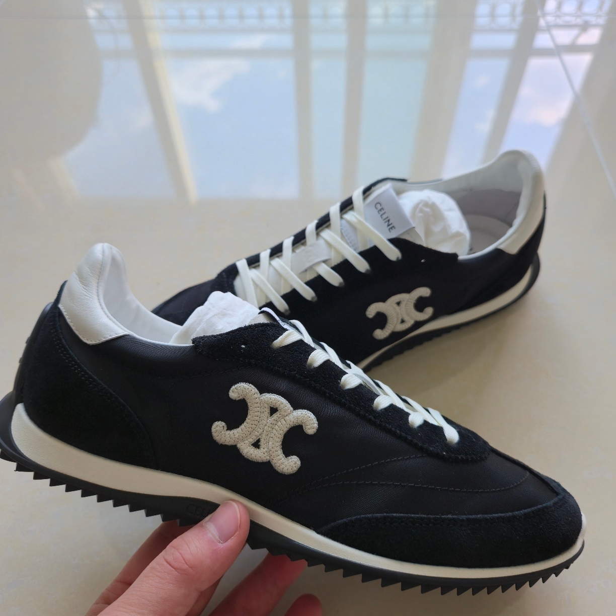 (W) Celine Racer Low Top Sneakers in Nylon Suede Calfskin and Calfskin Black 착용 스타일