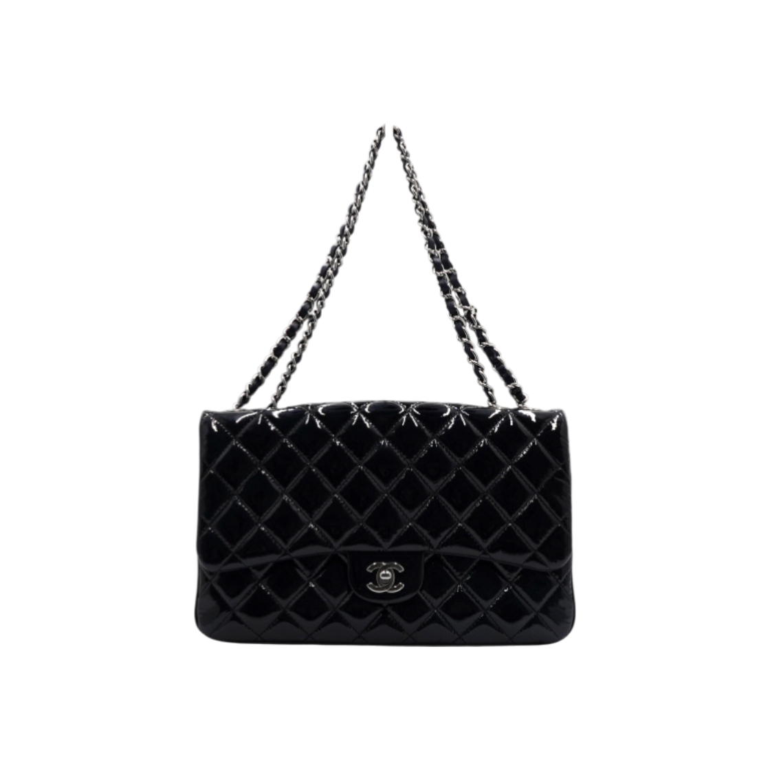 IT8FFF4LONQC Chanel Dark Navy Patent Classic Accordion One-Flap Silver Chain Shoulder Bag