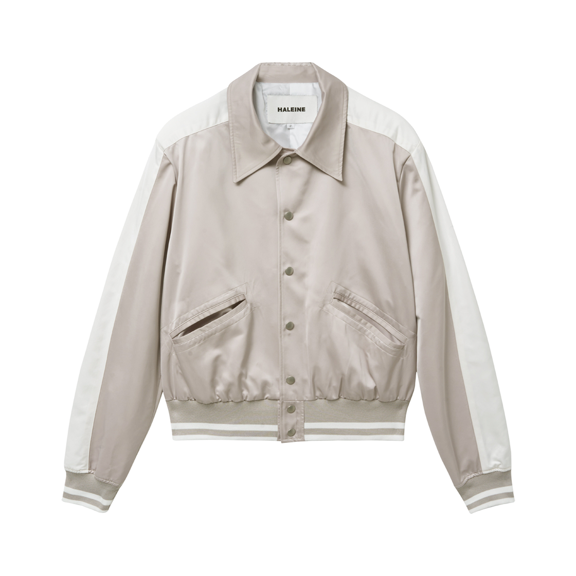알렌느 새틴 바시티 패널 자켓 베이지(Haleine Satin Varsity Panel Jacket (XJ103))