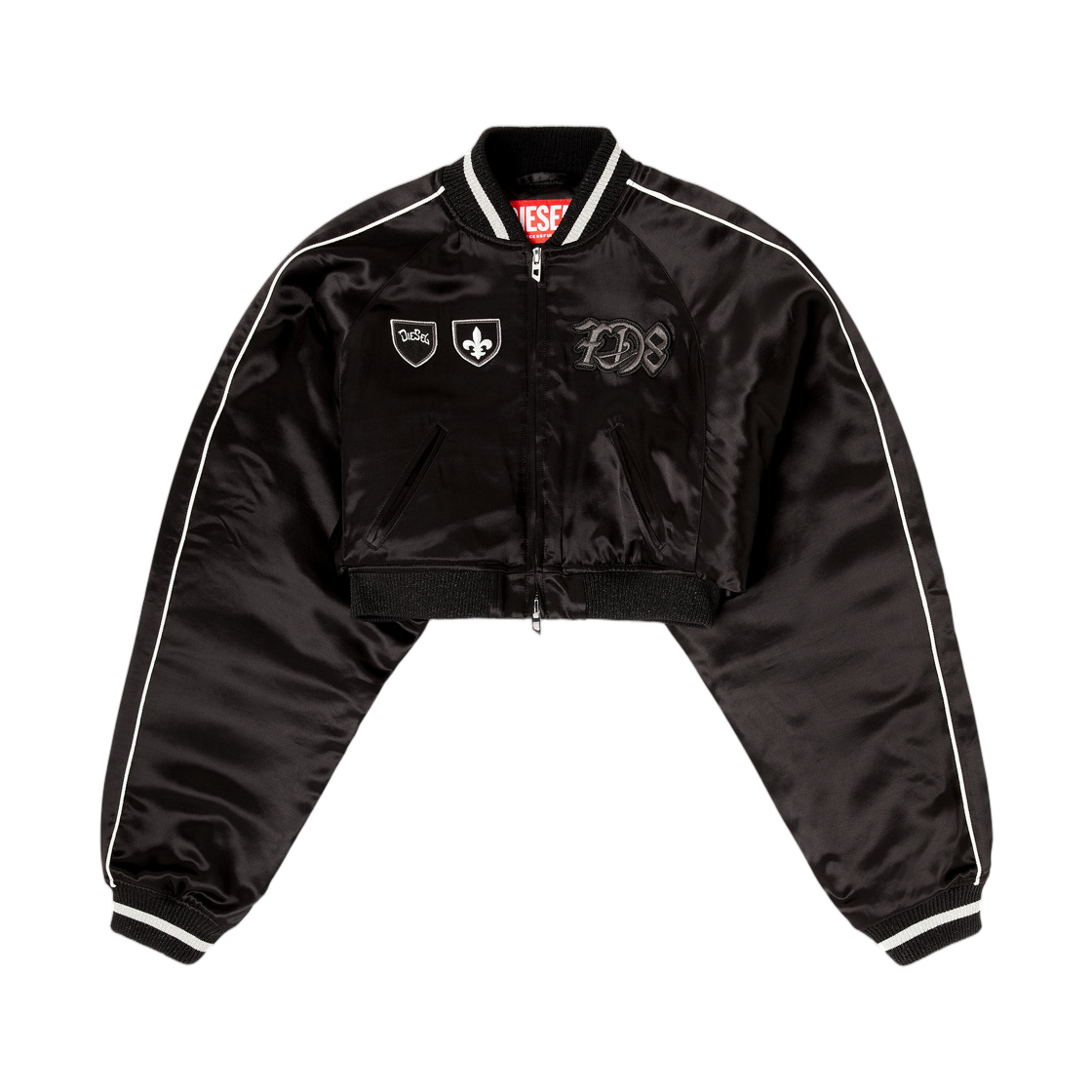 (W) 디젤 G-오스펠-Cp 크롭 사틴 수베니어 자켓 블랙((W) Diesel G-Ospel-Cp Cropped Satin Souvenir Jacket Black)
