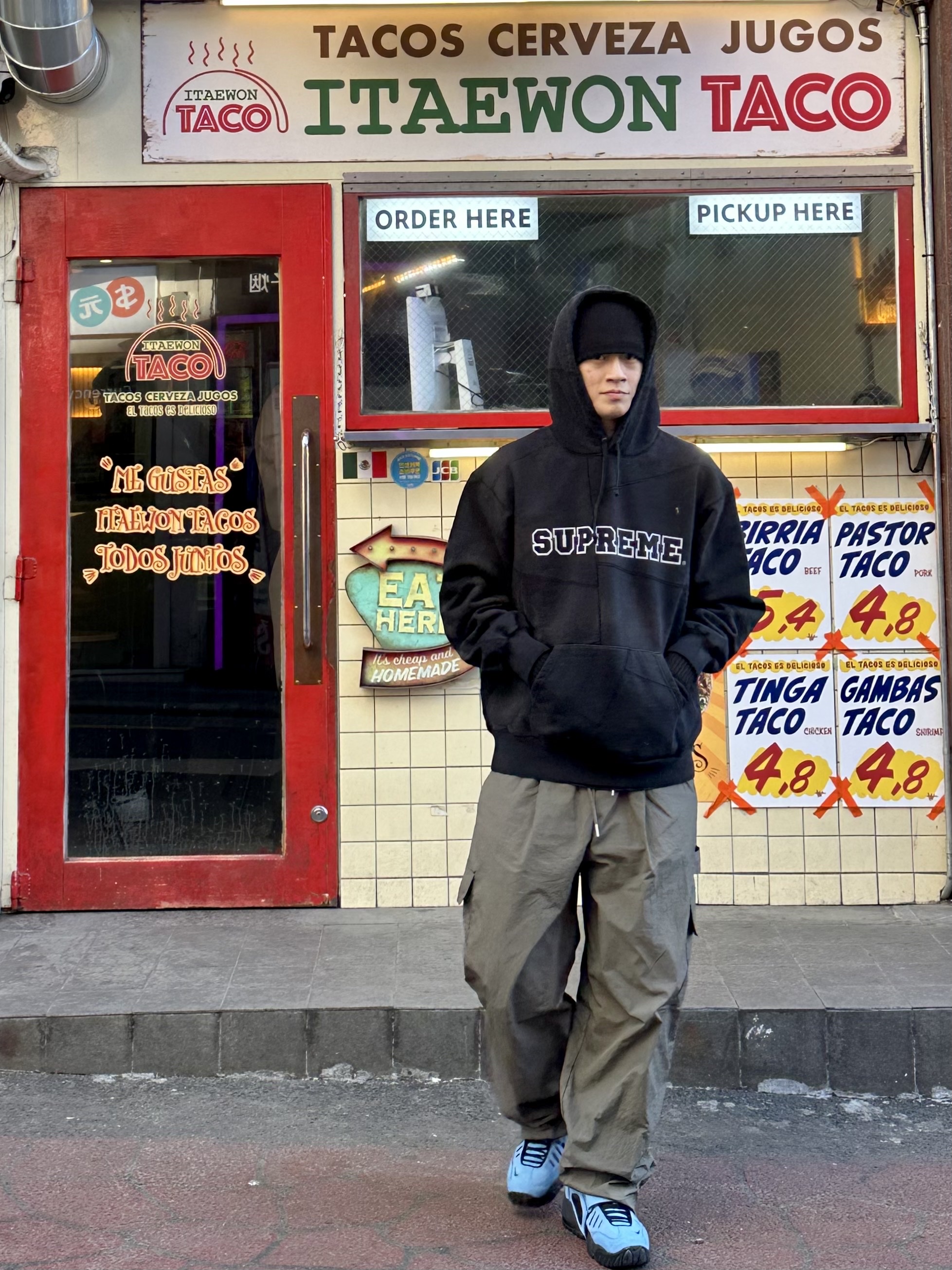 Supreme Collegiate Patchwork Leather Hooded Sweatshirt Black - 23FW, Nike x Ambush Air Adjust Force SP University Blue and Habanero Red 착용 스타일 - 4