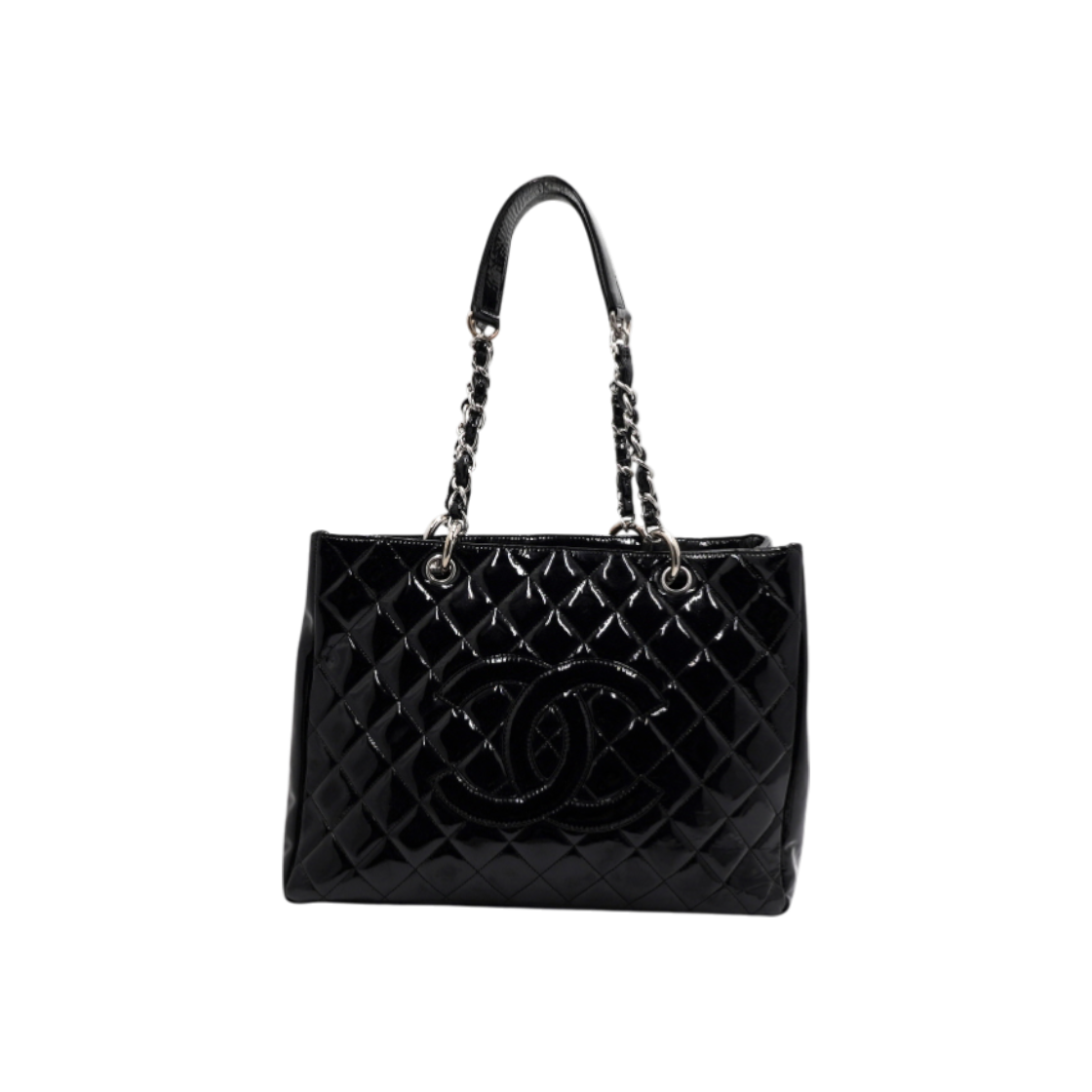 ITJB84R9VQR7 Chanel A50995 Grand Shopping Patent Black Leather Shoulder Bag with Silver Chain