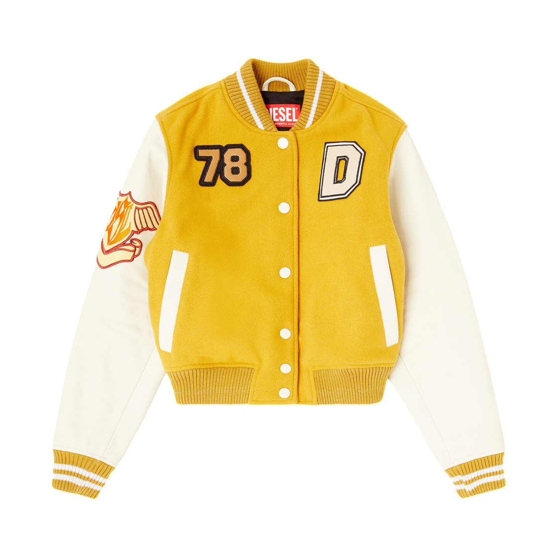 (W) 디젤 L-리얼-Cp 크롭 바시티 자켓 인 울 앤 레더 화이트 옐로우((W) Diesel L-Real-Cp Cropped Varsity Jacket In Wool and Leather White Yellow)