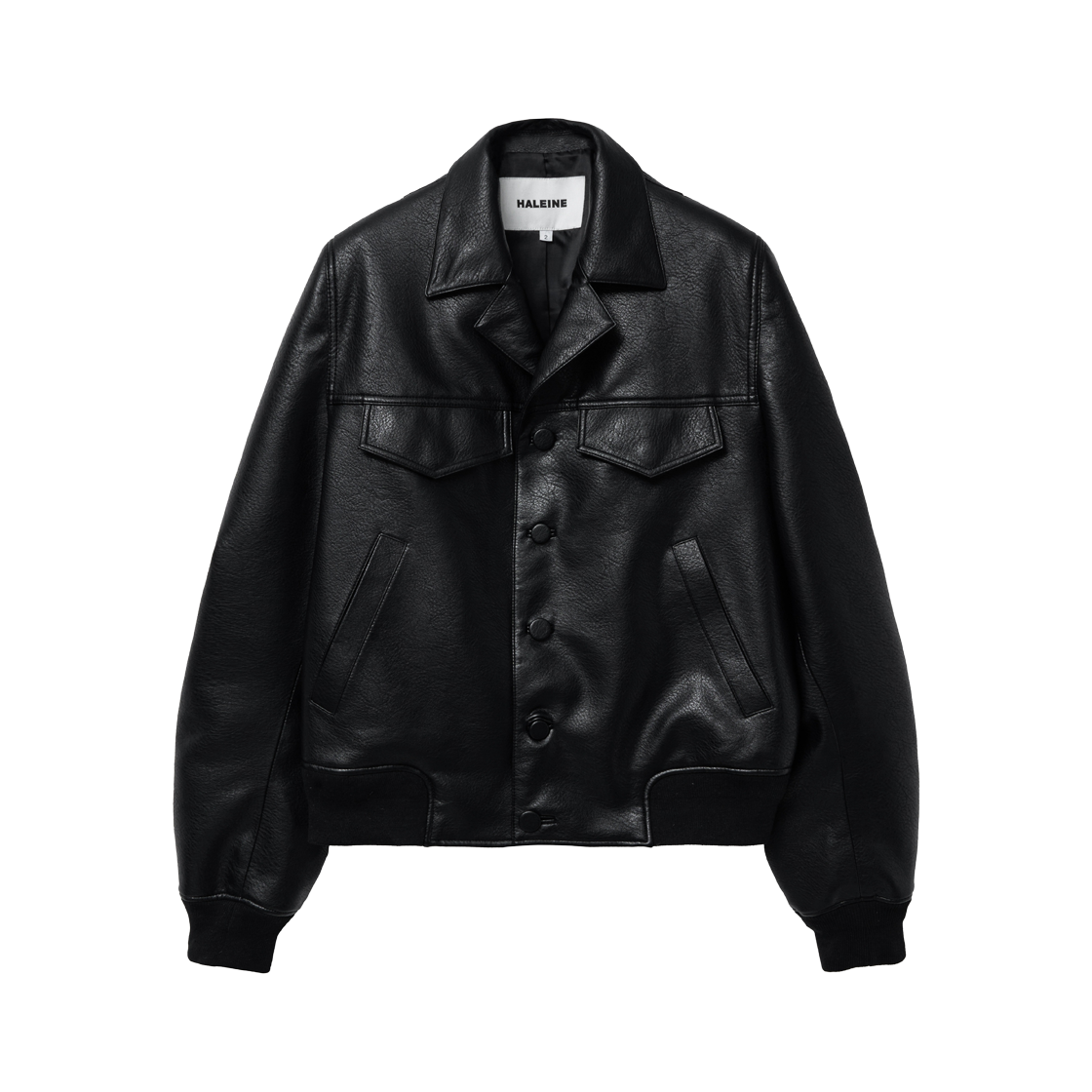 알렌느 포우 레더 오픈 카라 블루종 블랙(Haleine Faux Leather Open Collar Blouson Black (XJ107))