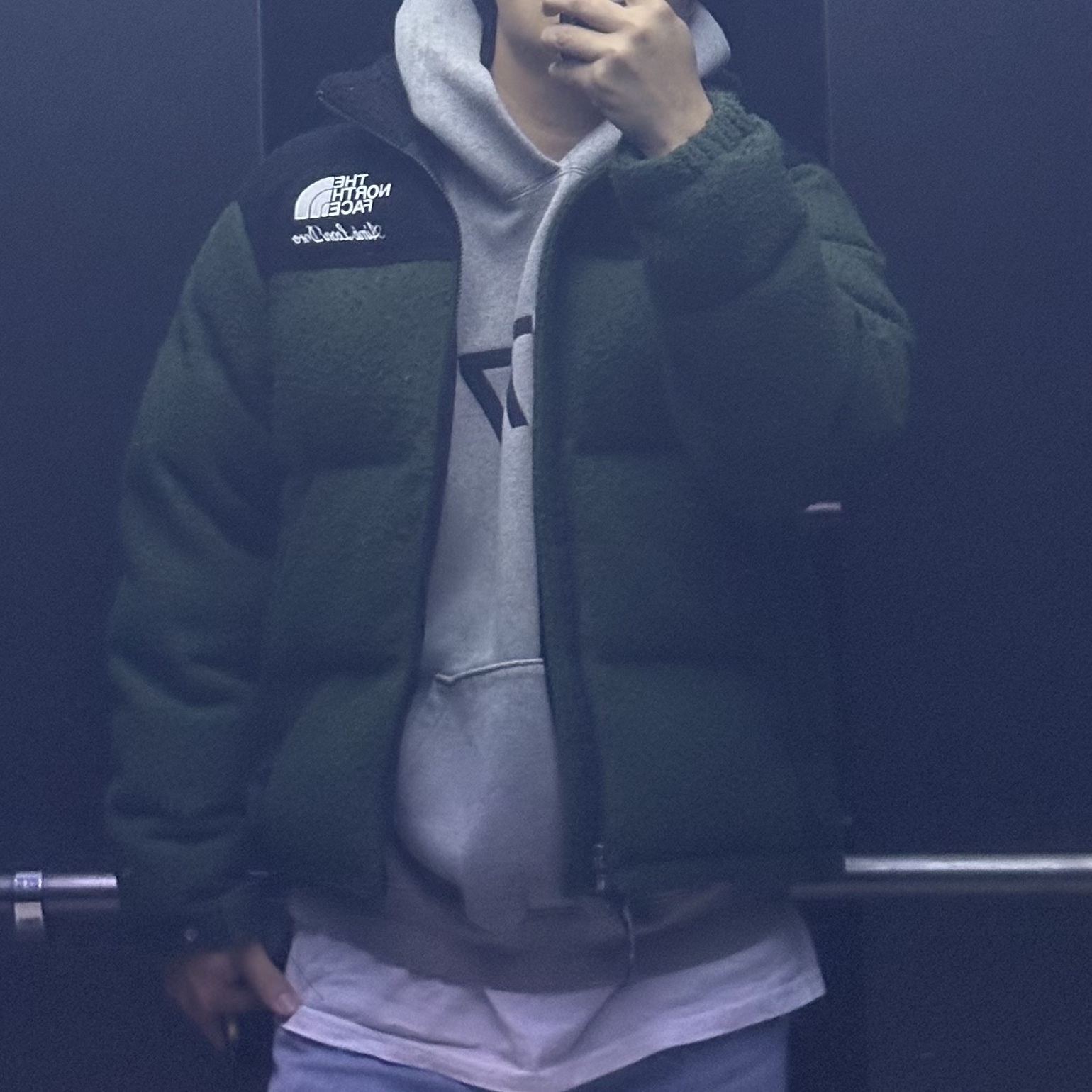 Aime Leon Dore x The North Face Casentino Nuptse Jacket Kombu Green 착용 스타일