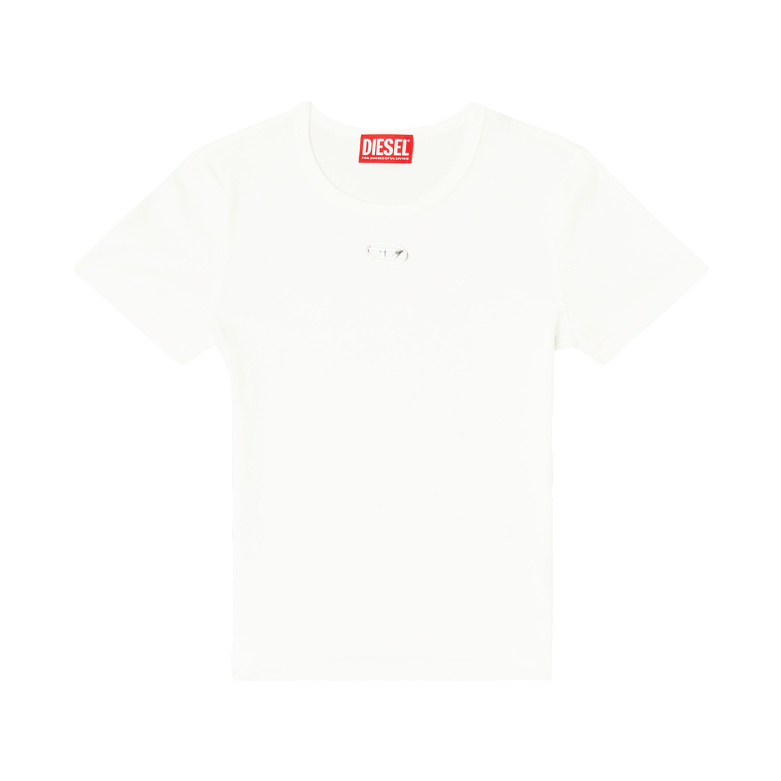 (W) 디젤 T-엘레-롱-Od 슬림 리브드 티셔츠 메탈릭 오발 D 화이트((W) Diesel T-Ele-Long-Od Slim Ribbed T-Shirt with Metallic Oval D White) - 1