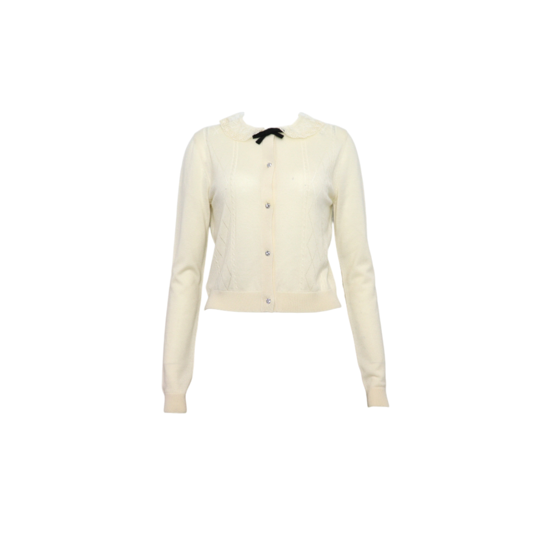 ITC7QGOANJPL Miu Miu MMF202 Lace Bow Cashmere Cardigan with Crystal Buttons