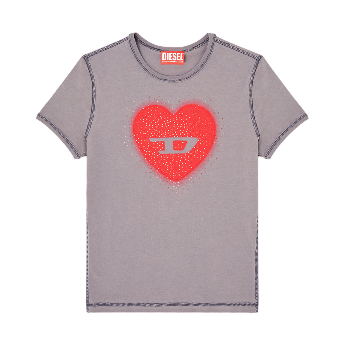 (W) 디젤 T-언큐티스-롱-S5 슬림 티셔츠 하트 프린트 앤 스터즈 그레이((W) Diesel T-Uncuties-Long-S5 Slim T-Shirt with Heart Print and Studs Grey) - 1