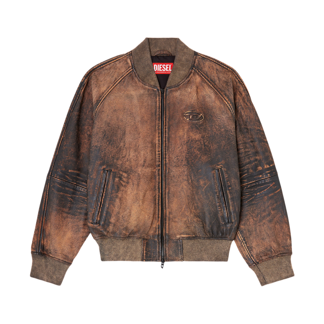 (W) 디젤 L-콥-펨 밤버 자켓 인 디스트레스드 레더 브라운((W) Diesel L-Cobb-Fem Bomber Jacket In Distressed Leather Brown)