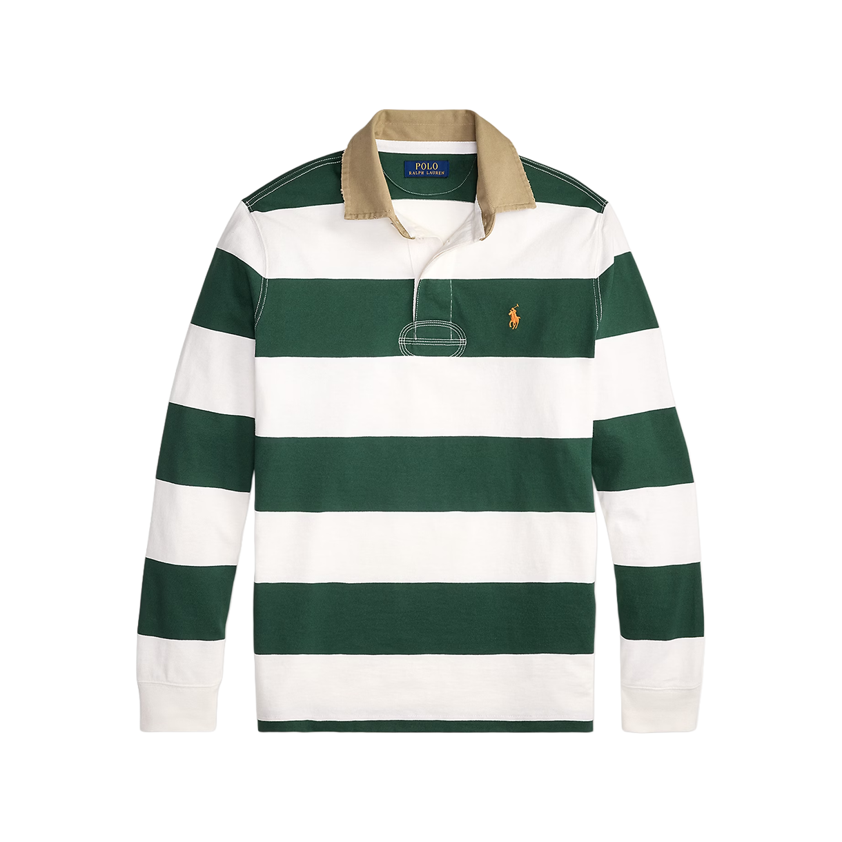 KM6ATSLRL58ML Polo Ralph Lauren Classic Fit Khaki Collar Rugby Shirt Grass Green Trophy Cream - 26SS