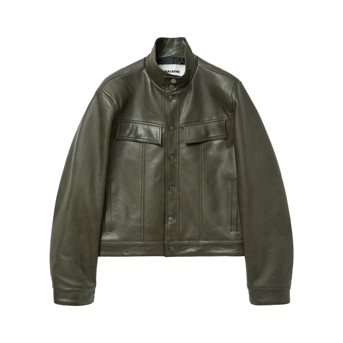 알렌느 포우 레더 하이넥 트러커 올리브(Haleine Faux Leather High Neck Trucker Olive (XJ117))