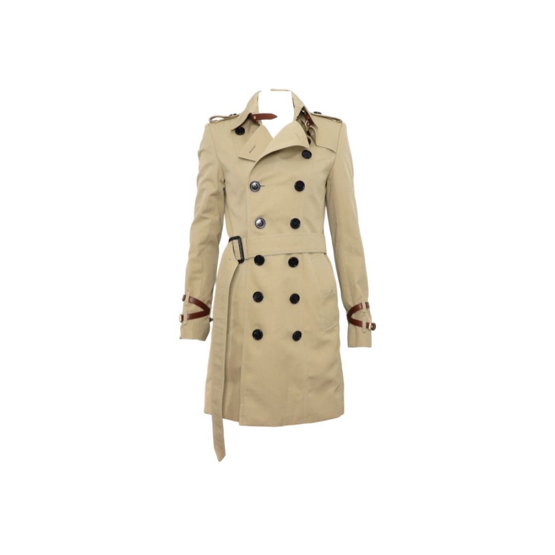 버버리 4047025 런던 베이지 레더 스트랩 디테일 체크 벨티드 여성 트렌치 코트aa60808(Burberry London Beige Leather Strap Detail Check Belted Trench Coat)