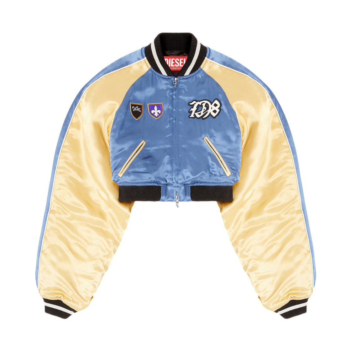 (W) 디젤 G-오스펠-Cp 크롭 사틴 수베니어 자켓 블루 옐로우((W) Diesel G-Ospel-Cp Cropped Satin Souvenir Jacket Blue Yellow)
