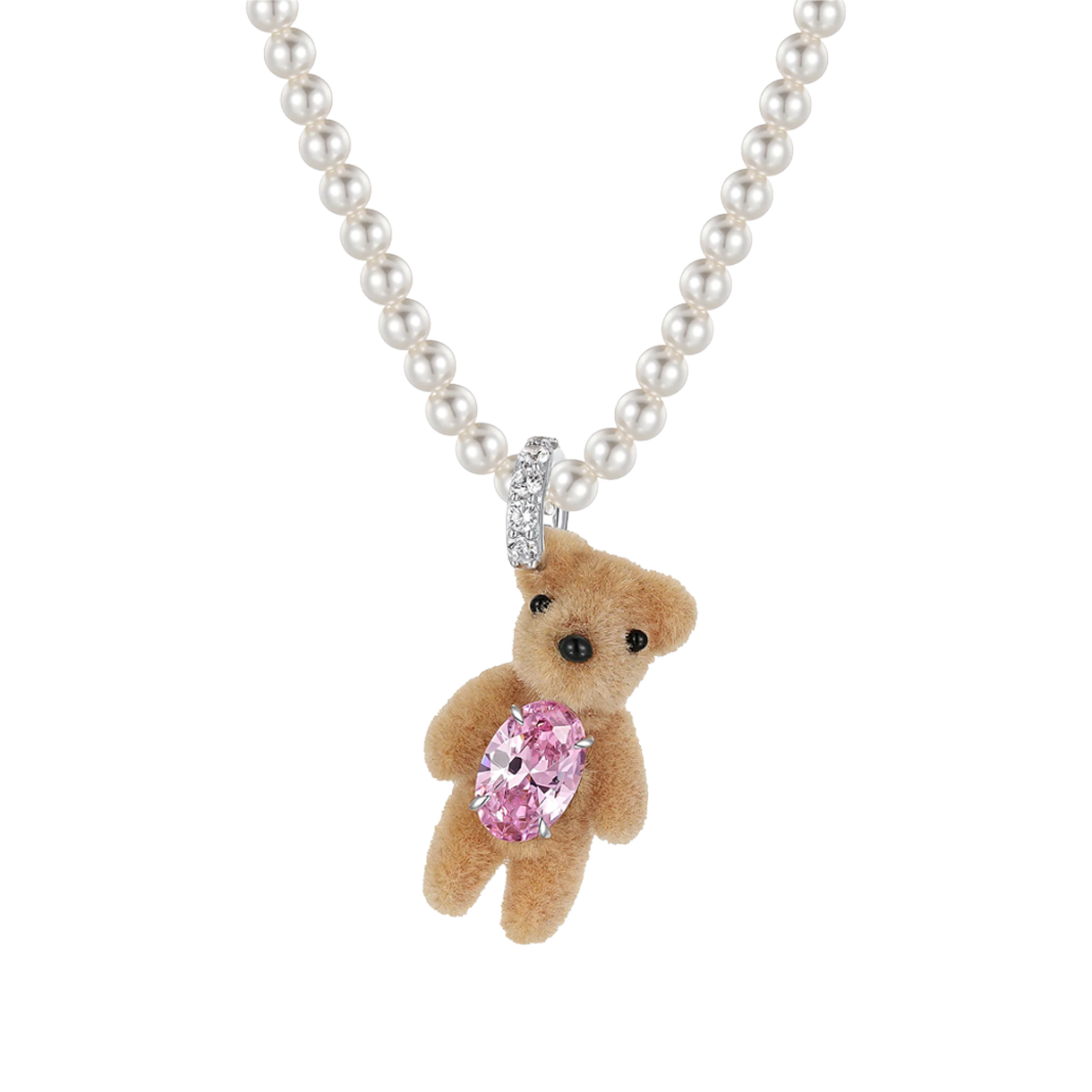 위민 미니 플록 베어 펄 네클리스 핑크 - 26SS(Yvmin Mini Flocked Bear Pearl Necklace Pink - 26SS)