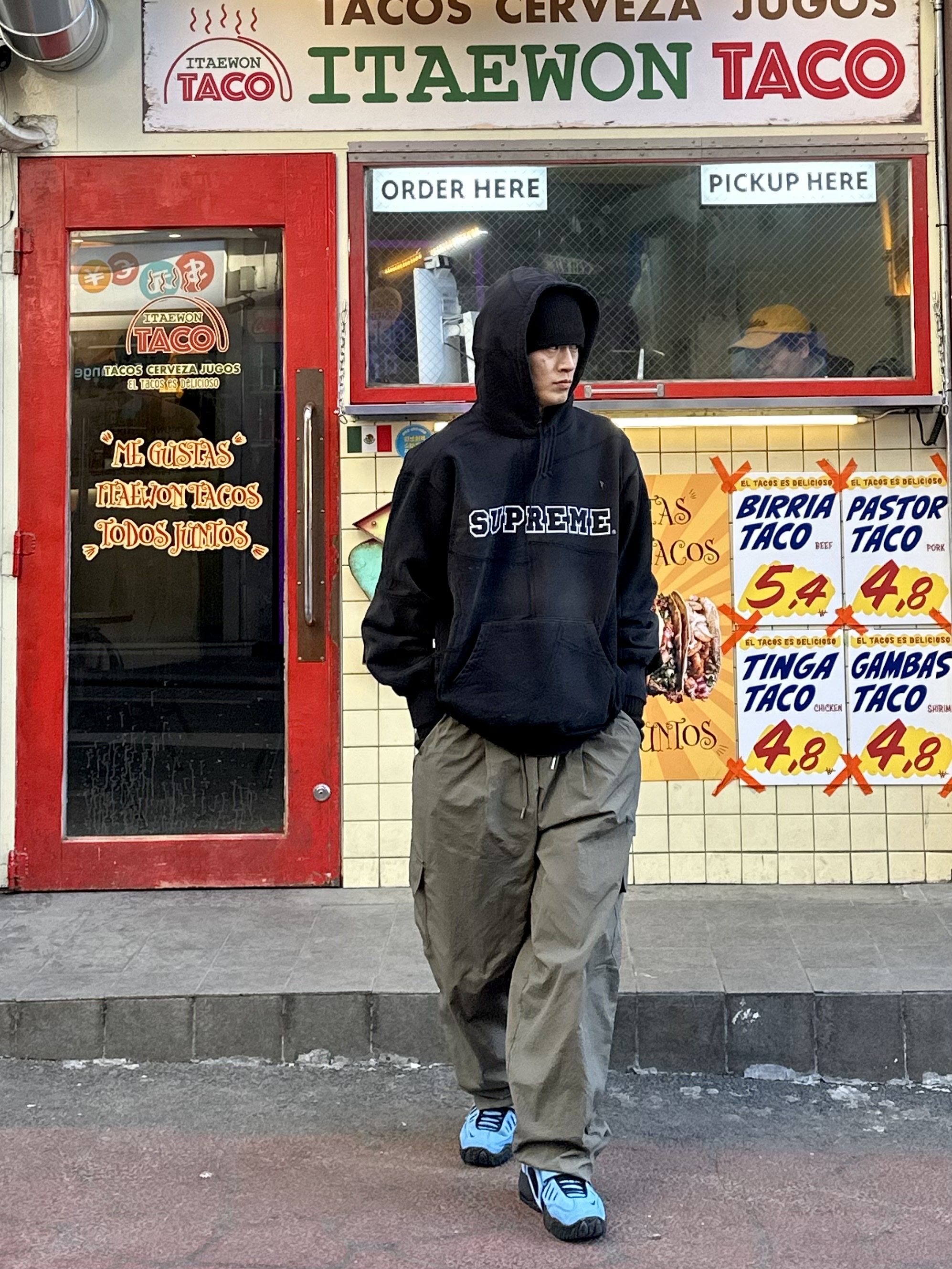 Supreme Collegiate Patchwork Leather Hooded Sweatshirt Black - 23FW, Nike x Ambush Air Adjust Force SP University Blue and Habanero Red 착용 스타일 - 3