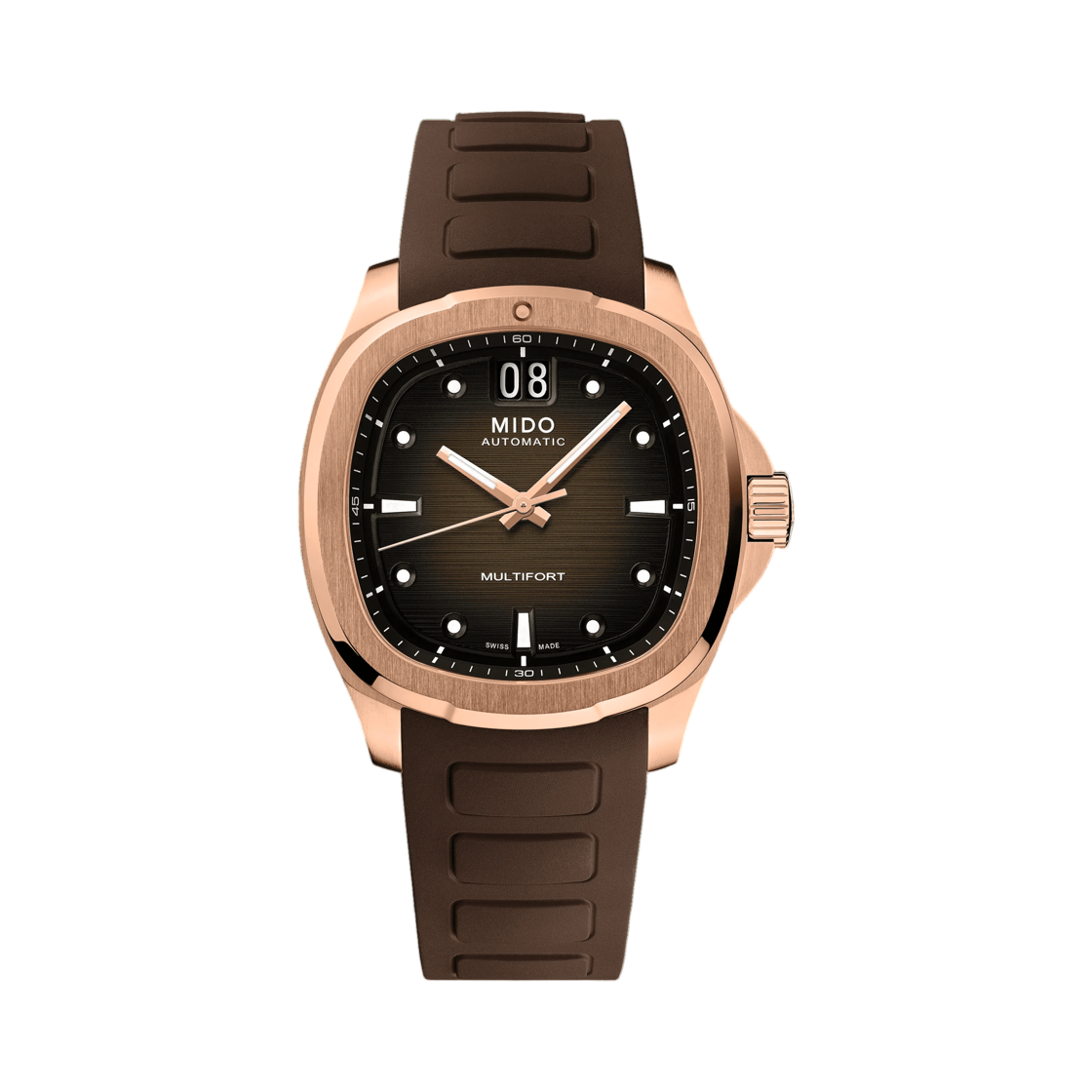 미도 멀티포트 TV 빅 데이트 스테인리스 스틸 로즈 골드 PVD 브라운(Mido Multifort TV Big Date Stainless Steel Rose Gold PVD Brown)