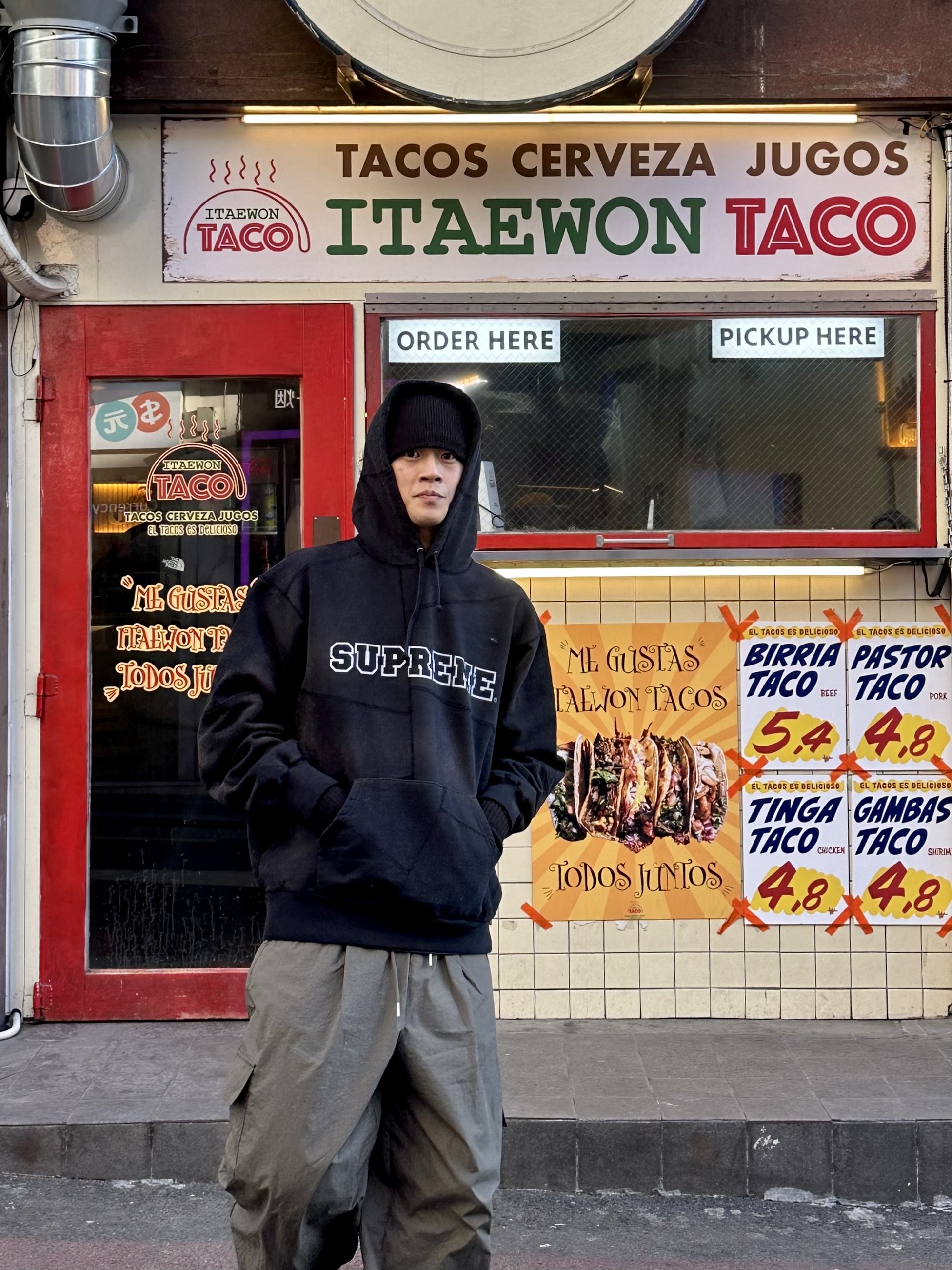 Supreme Collegiate Patchwork Leather Hooded Sweatshirt Black - 23FW, Nike x Ambush Air Adjust Force SP University Blue and Habanero Red 착용 스타일 - 1