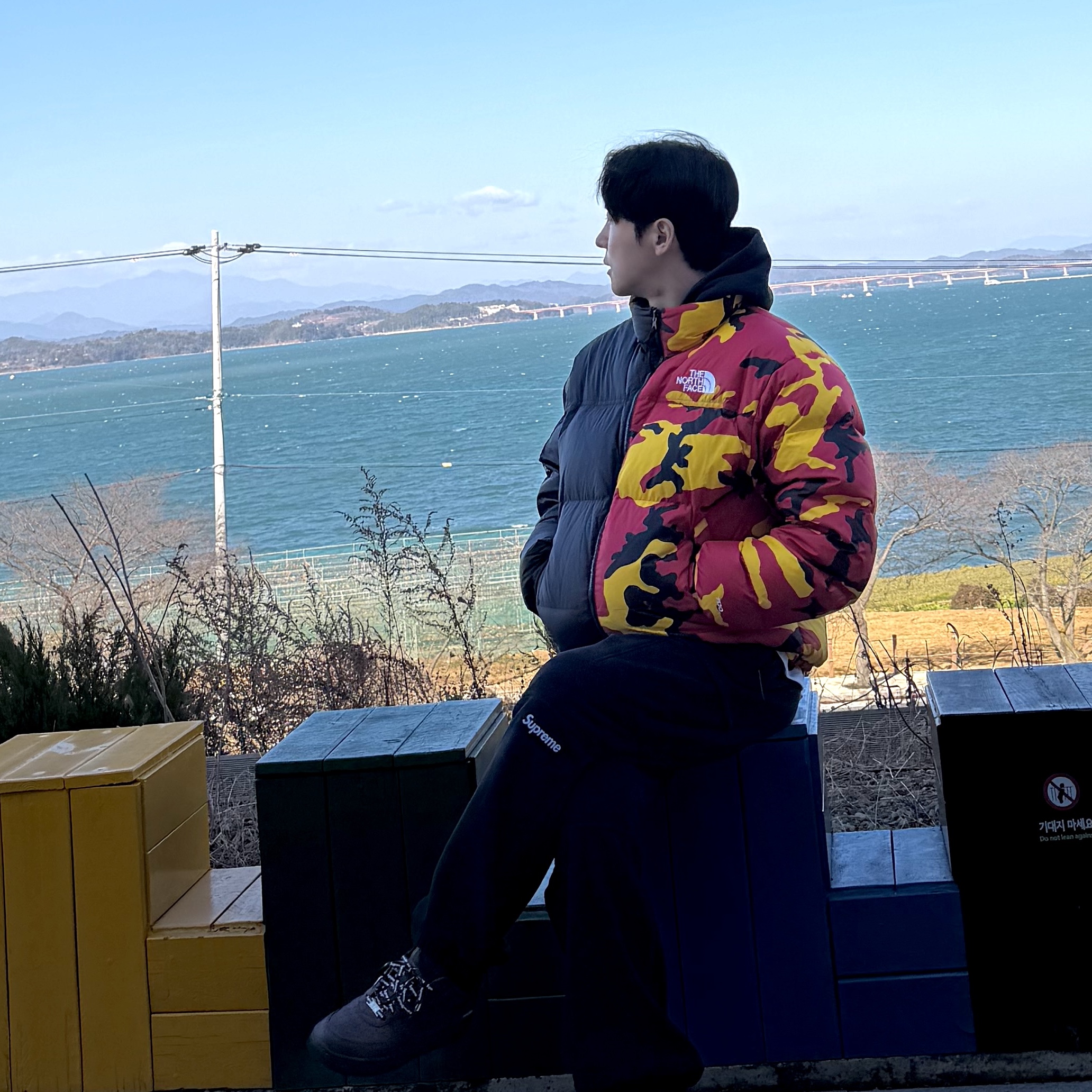 Supreme x The North Face Split Nuptse Jacket Black - 24SS, Supreme x The North Face Split Nuptse Jacket Camo - 24SS 착용 스타일