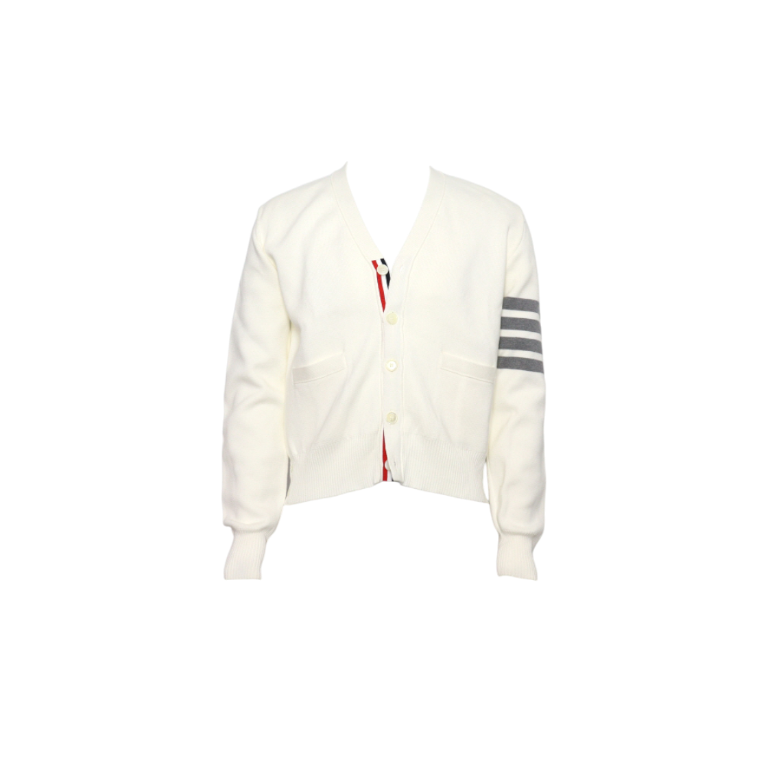 ITN8VSKV8ISR Thom Browne MKC171A White Milano Stitch Asymmetric Cardigan Unisex