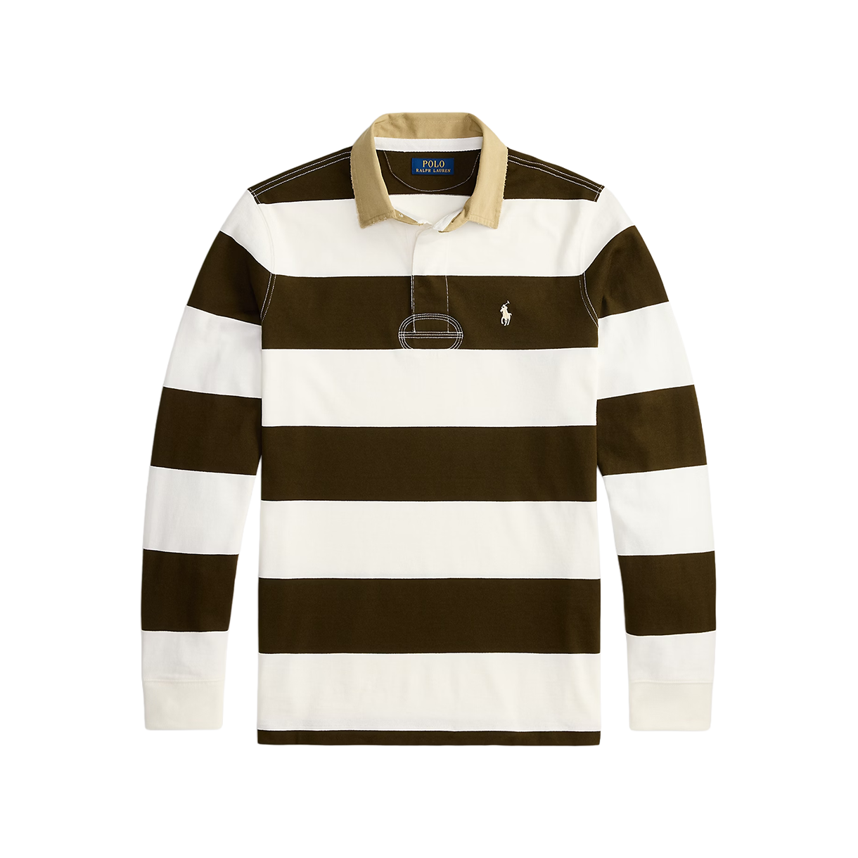 KM6ATSLRL56ML Polo Ralph Lauren Classic Fit Khaki Collar Rugby Shirt Dark Brown Trophy Cream - 26SS