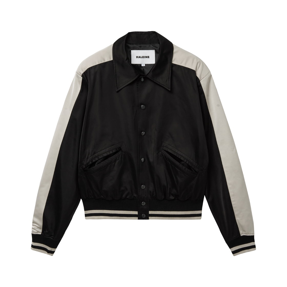 알렌느 새틴 바시티 패널 자켓 블랙(Haleine Satin Varsity Panel Jacket Black (XJ102))