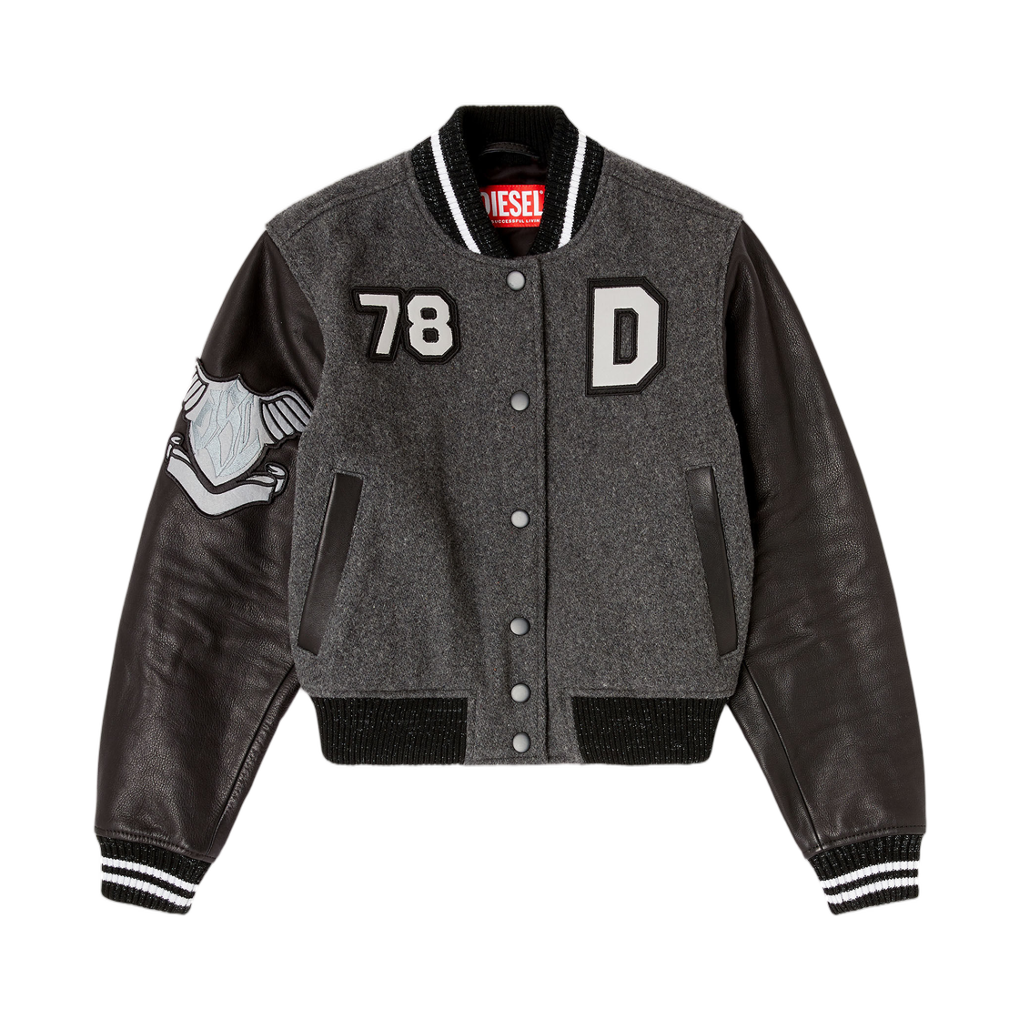 (W) 디젤 L-리얼-Cp 크롭 바시티 자켓 인 울 앤 레더 블랙 그레이((W) Diesel L-Real-Cp Cropped Varsity Jacket In Wool and Leather Black Grey)