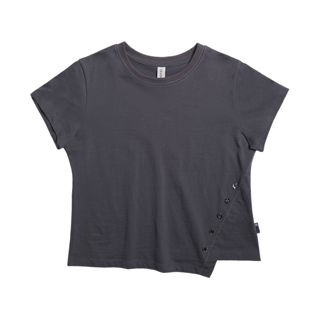 리오므 버튼 언발란스 반팔 티셔츠 차콜(Riomeu Button Unbalanced Short-sleeved T-shirt Charcoal)
