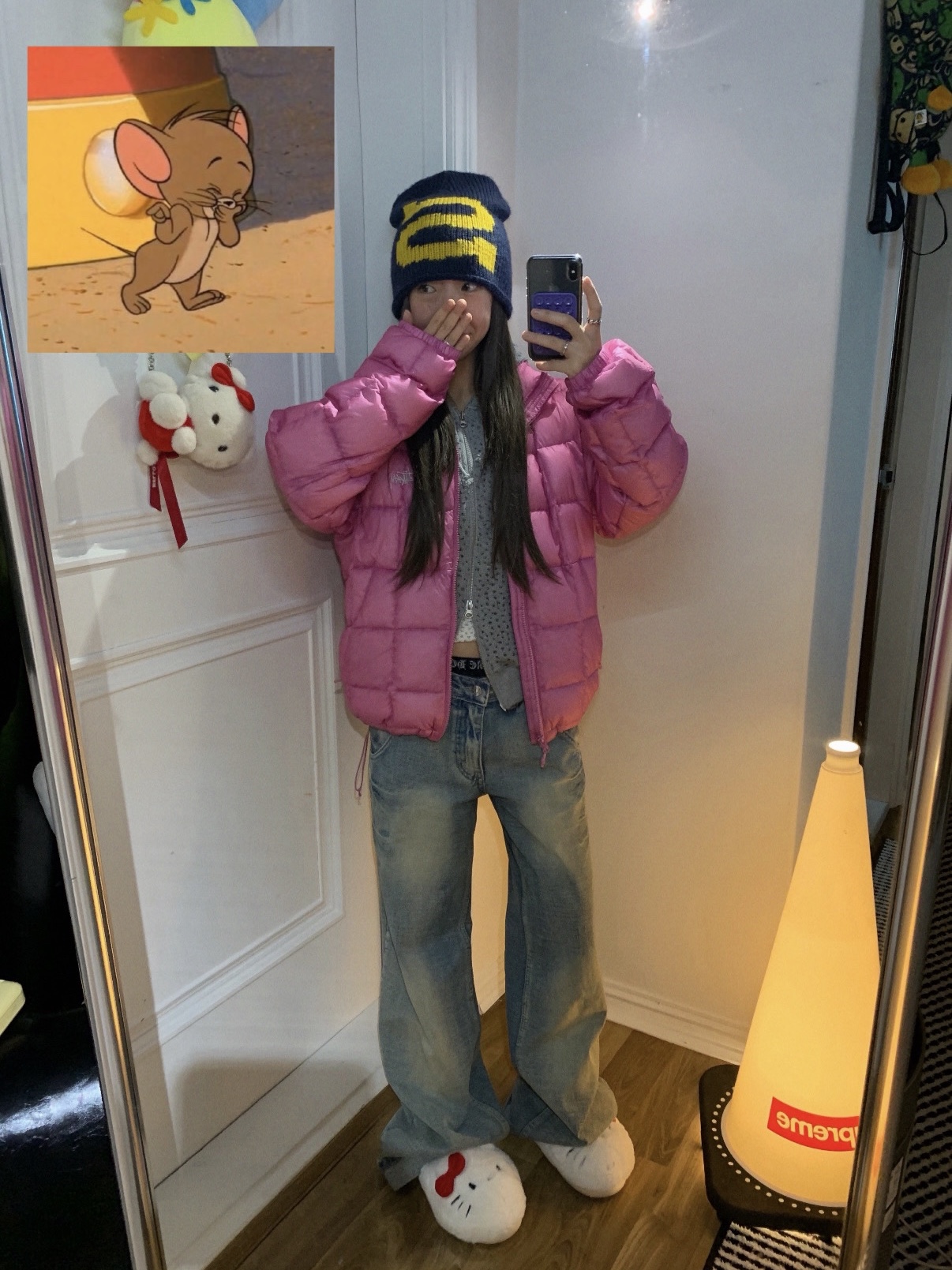 Stussy Midweight Puffer Pink 착용 스타일 - 1