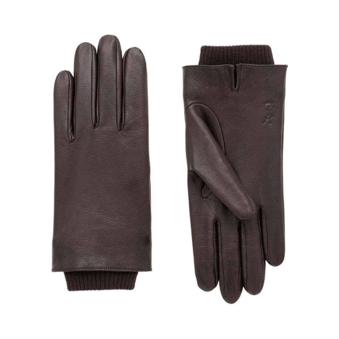 845265-3YS61-2500 Saint Laurent Cassandre Cuffed Gloves in Leather and Wool Brown