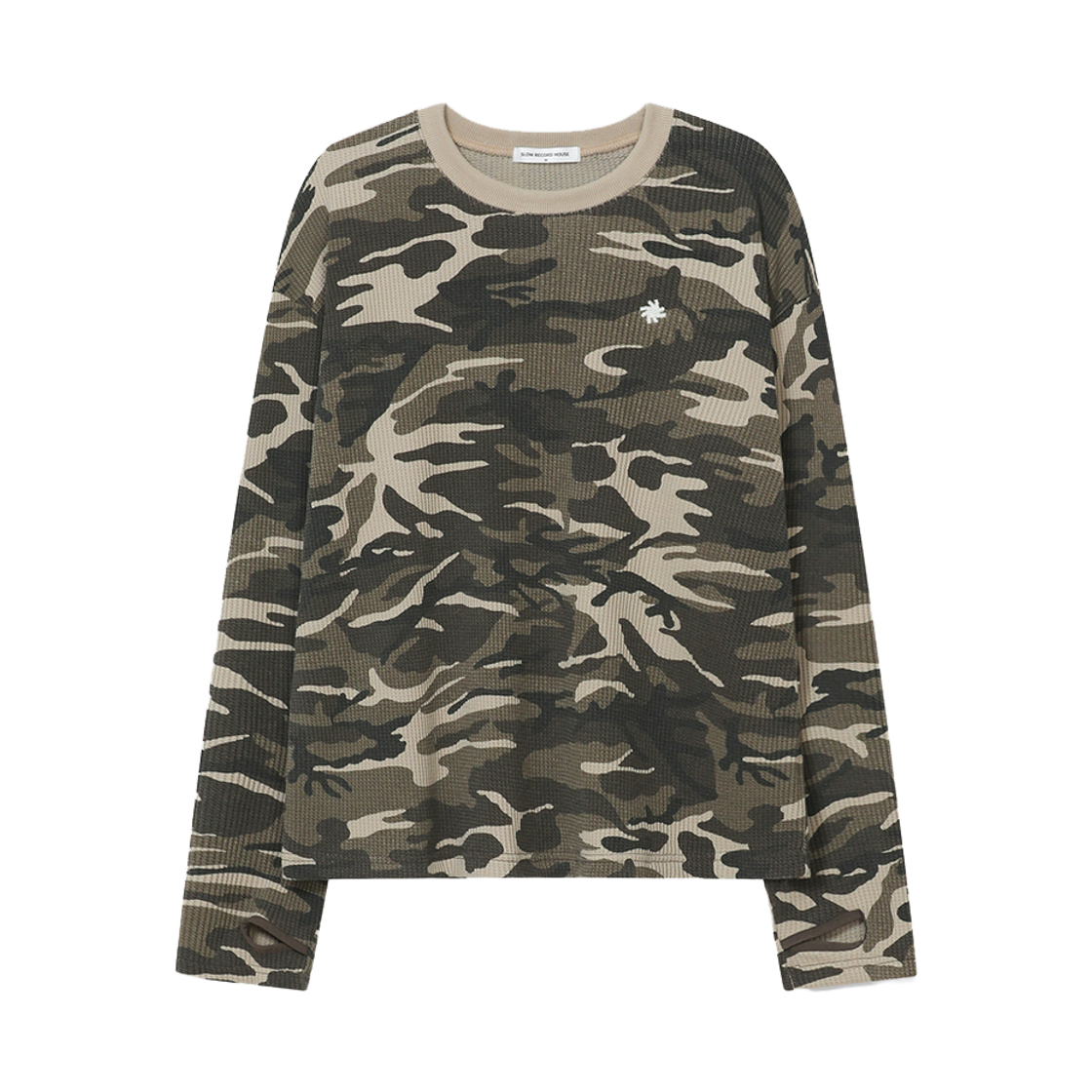슬로우 레코드 하우스 핑거홀 크롭 롱 슬리브 카모 베이지(SLOW RECORD HOUSE Fingerhole Crop Long Sleeve Camo Beige)