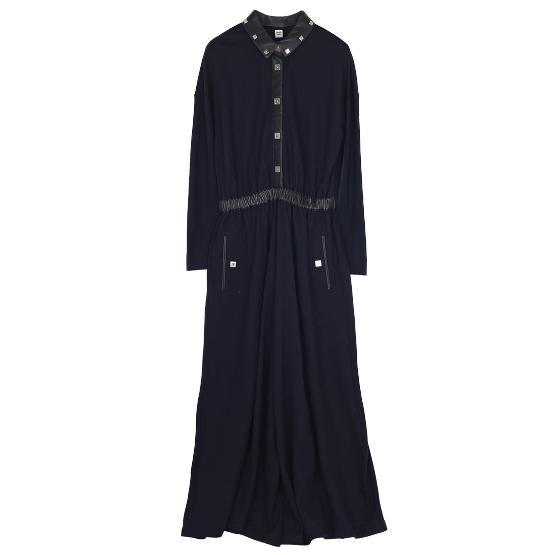ITB7SF6EJUD7 Hermes Leather Collar Jumpsuit 38 Navy/Black (6HA0137)