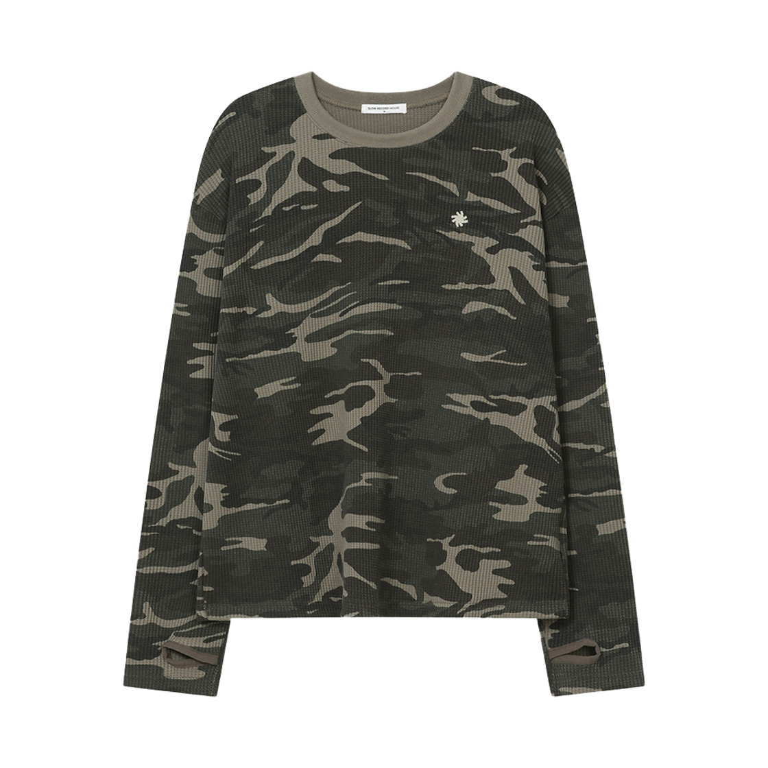 슬로우 레코드 하우스 핑거홀 크롭 롱 슬리브 카모 카키(SLOW RECORD HOUSE Fingerhole Crop Long Camo Khaki)