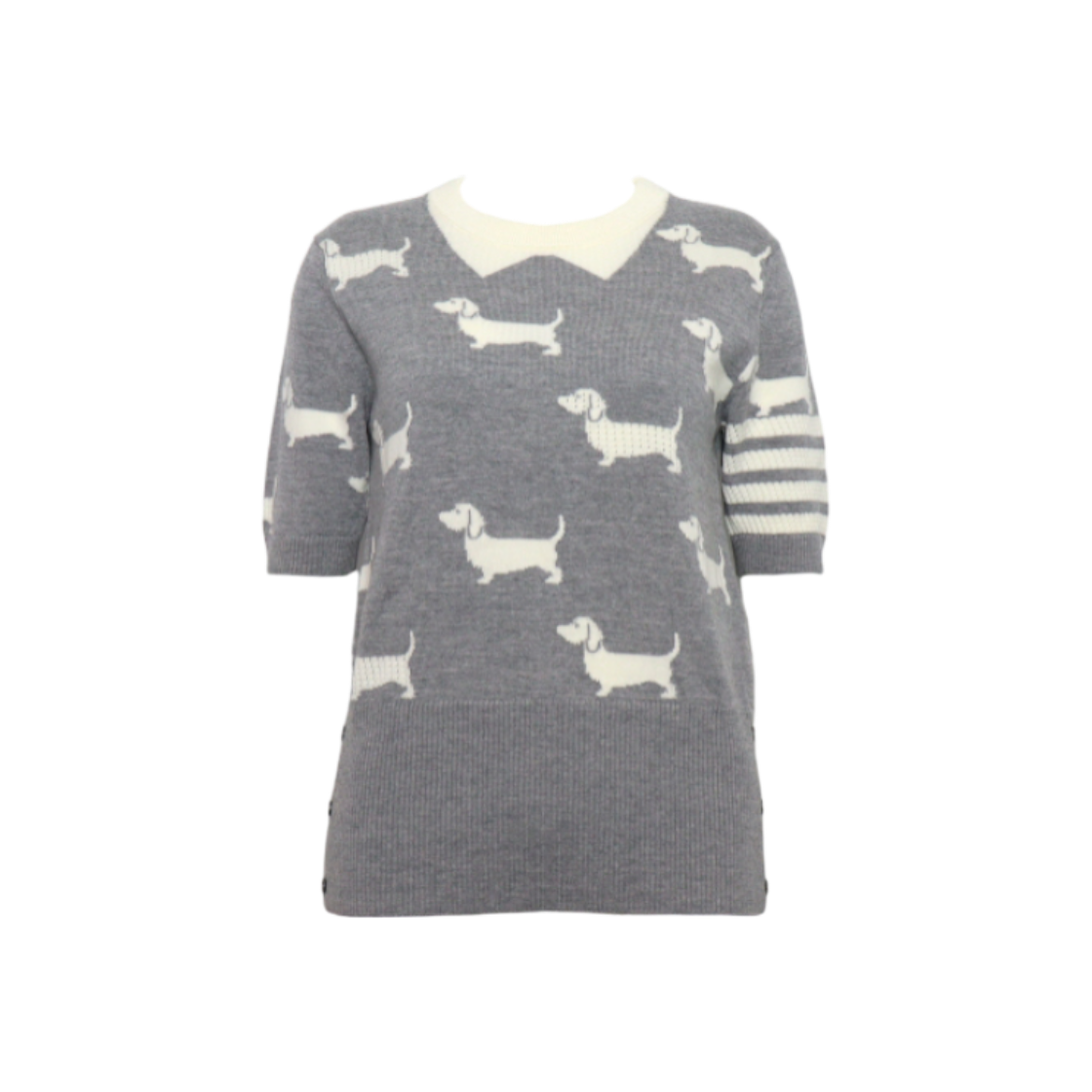 ITNTPUE42HOR THOM BROWNE FKA343A Gray Puppy Embroidered Striped Short Sleeve Women's Knit T-Shirt