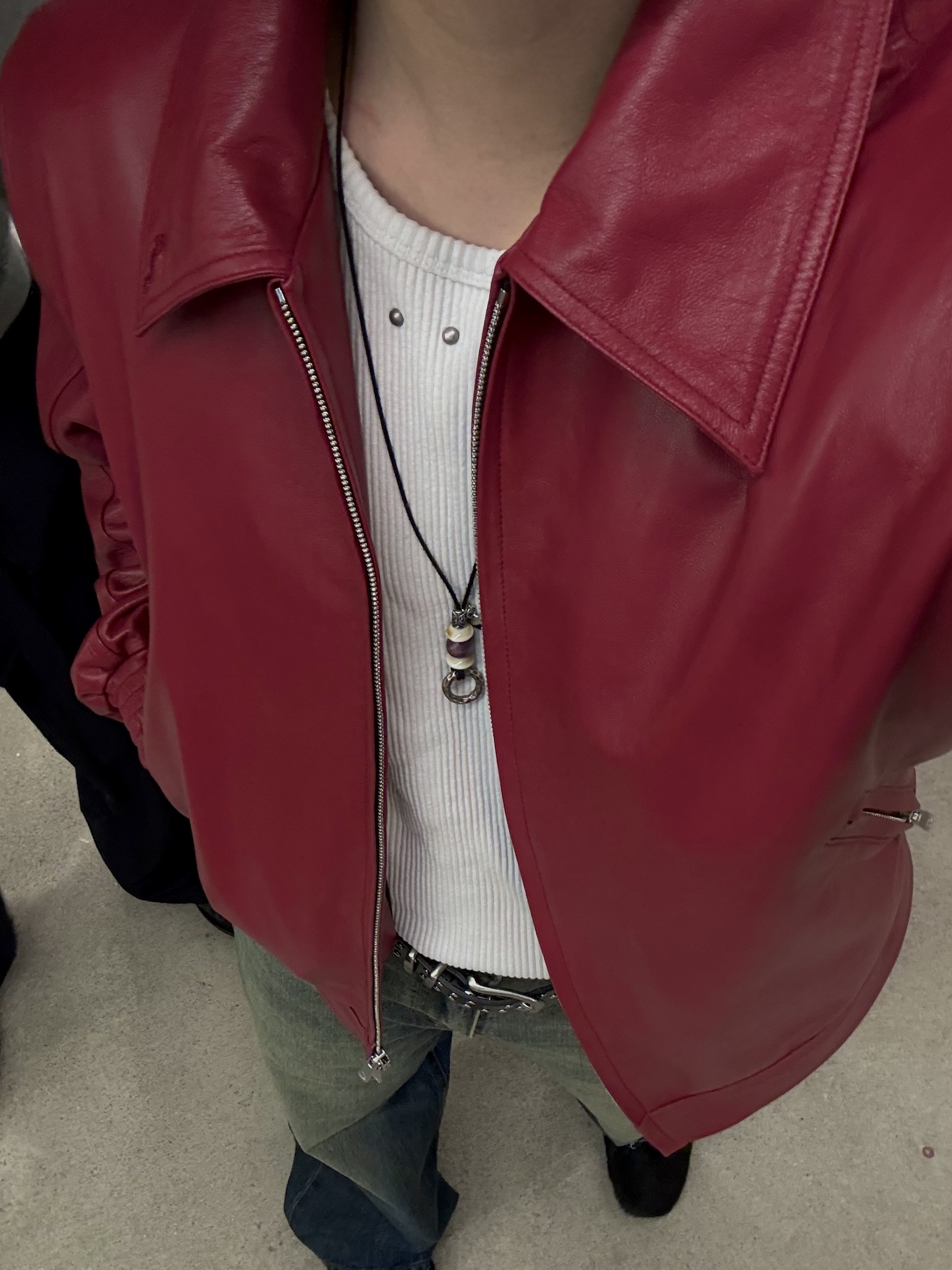 Haleine Velour Stand Collar Blouson Beige (XJ124), Haleine Leather 3D Short Jacket Red (XJ111) 착용 스타일 - 7