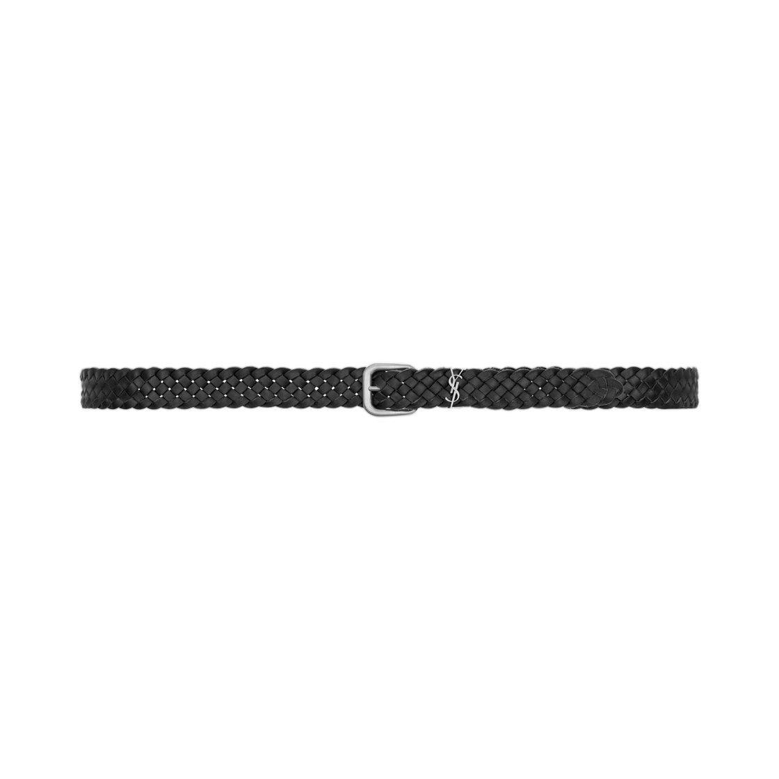 859141-AAF3L-1000 Saint Laurent Cassandre Rectangular Buckle Belt in Woven Leather Black