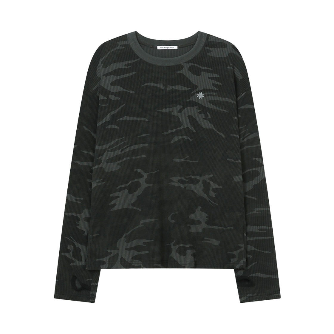 슬로우 레코드 하우스 핑거홀 크롭 롱 슬리브 카모 챠콜(SLOW RECORD HOUSE Fingerhole Crop Long Sleeve Camo Charcoal)