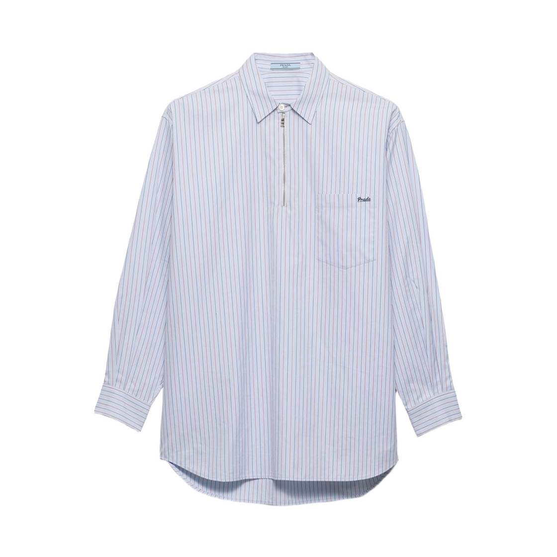 P972NR-19CK-F0076 (W) Prada Striped Cotton Shirt With Half-Zipper Light Blue