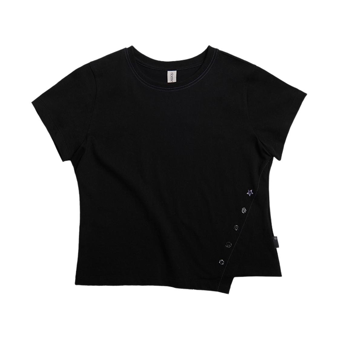 리오므 버튼 언발란스 반팔 티셔츠 블랙(Riomeu Button Unbalanced Short-sleeved T-shirt Black)