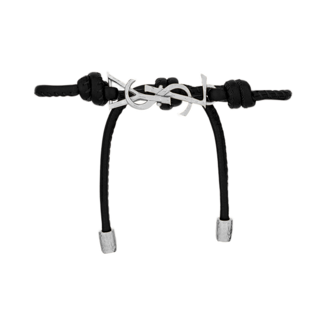 861459-AAEKF-1000 Saint Laurent Cassandre Cord Bracelet in Leather Black and Oxidized Nickel